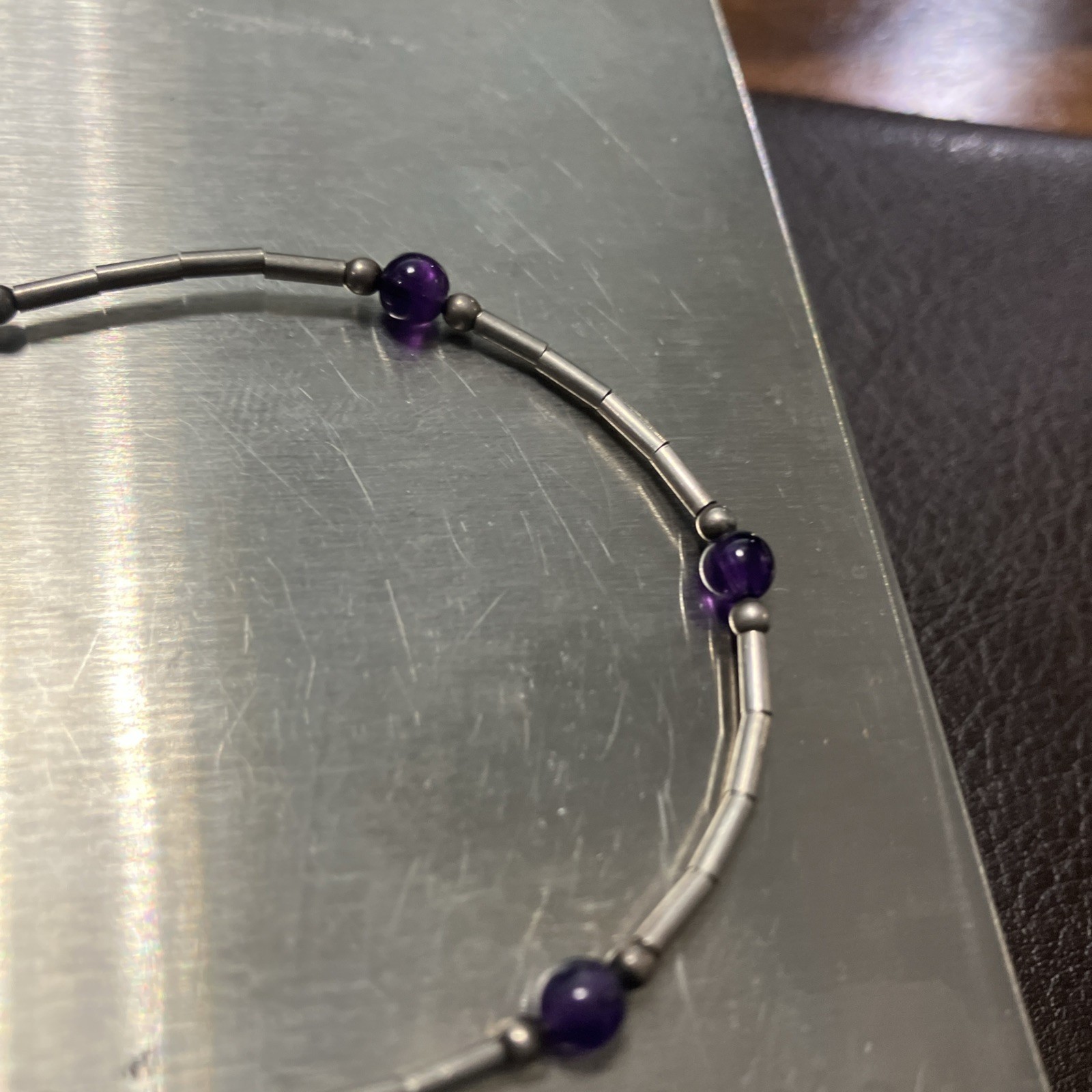 925 Sterling Silver Bracelet 2.4 Grams With Purple Beads 6.5 Inches Pre Owned