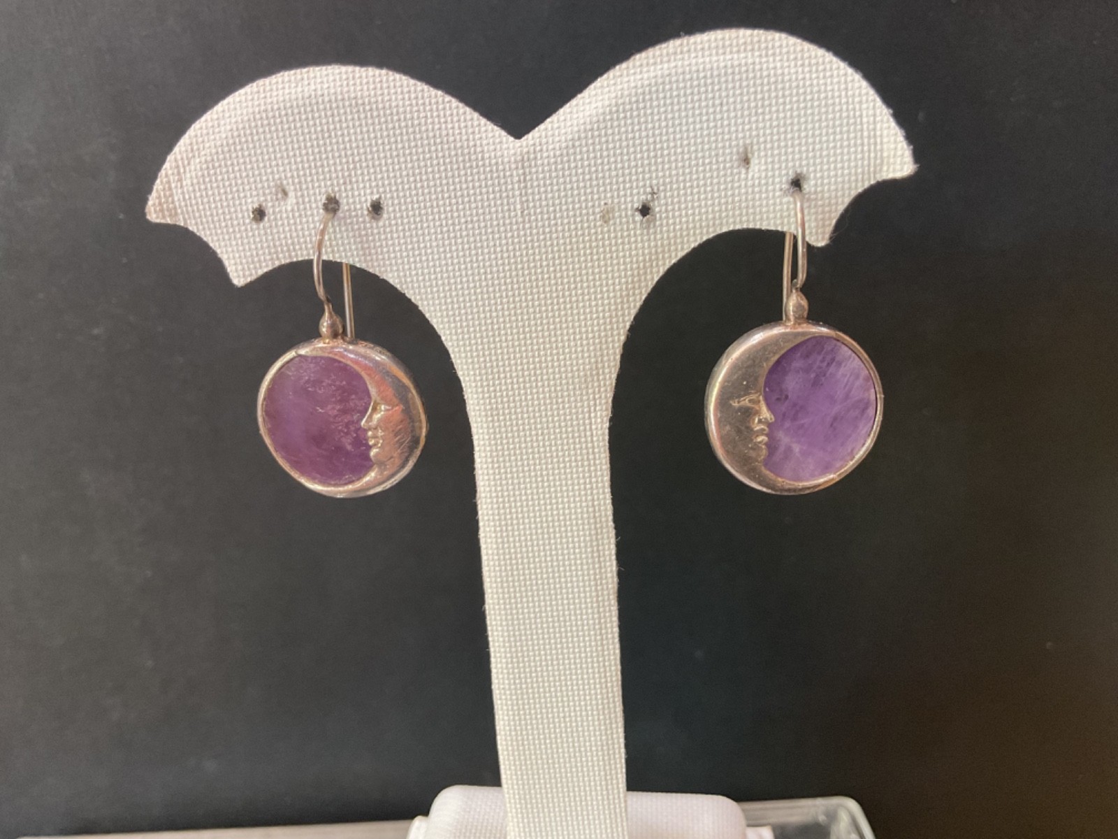 Vintage Amethyst 925 Sterling Silver Round Moon Pierced Earrings