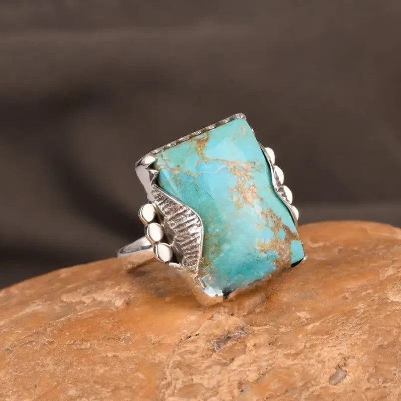 Boho 925 Sterling Silver Elegant Charms Vintage Turquoise Charms Ring Size 9