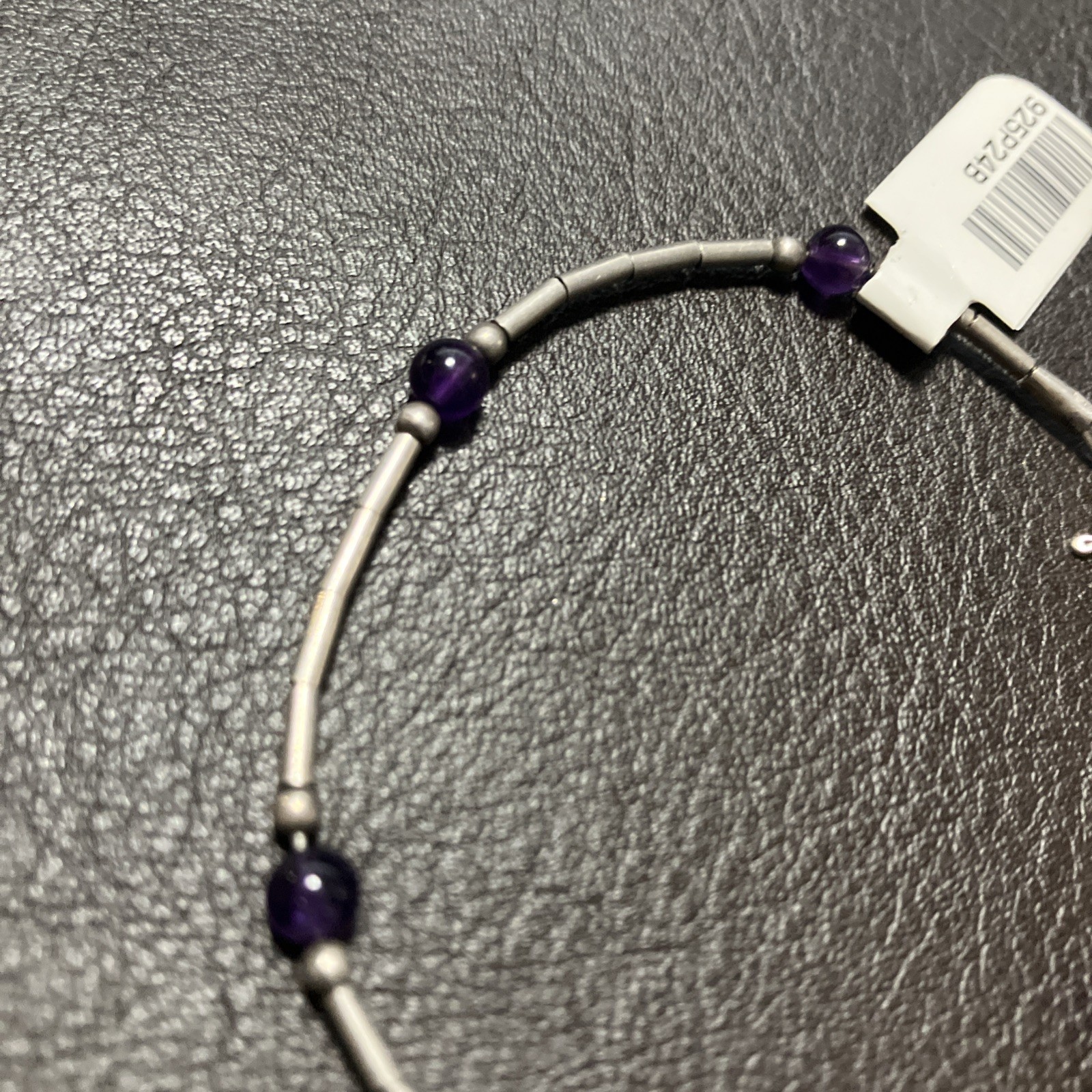 925 Sterling Silver Bracelet 2.4 Grams With Purple Beads 6.5 Inches Pre Owned