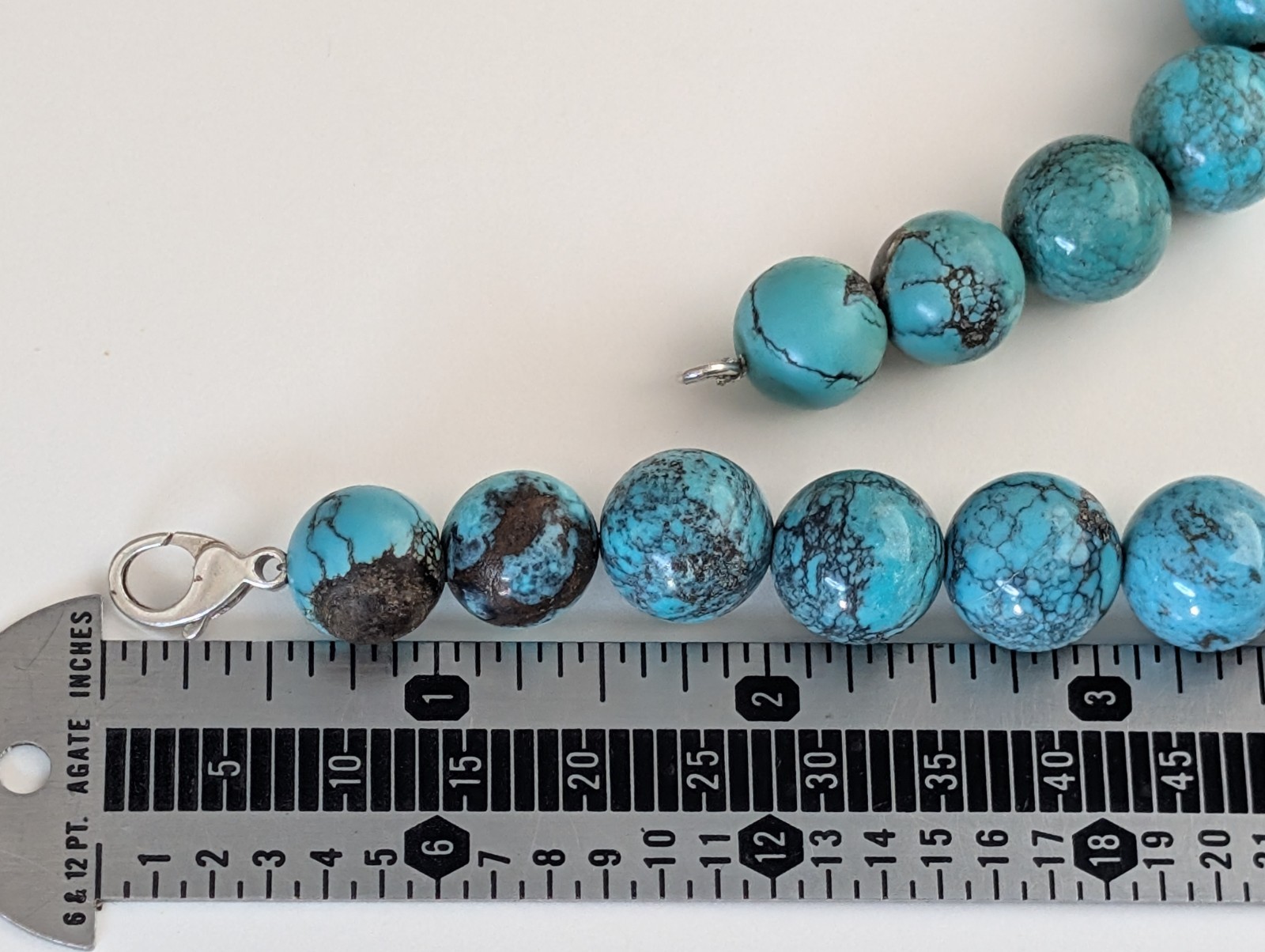 18″ Sterling Silver 13.5mm Natural Hubei Chinese Turquoise Bead Necklace 114g