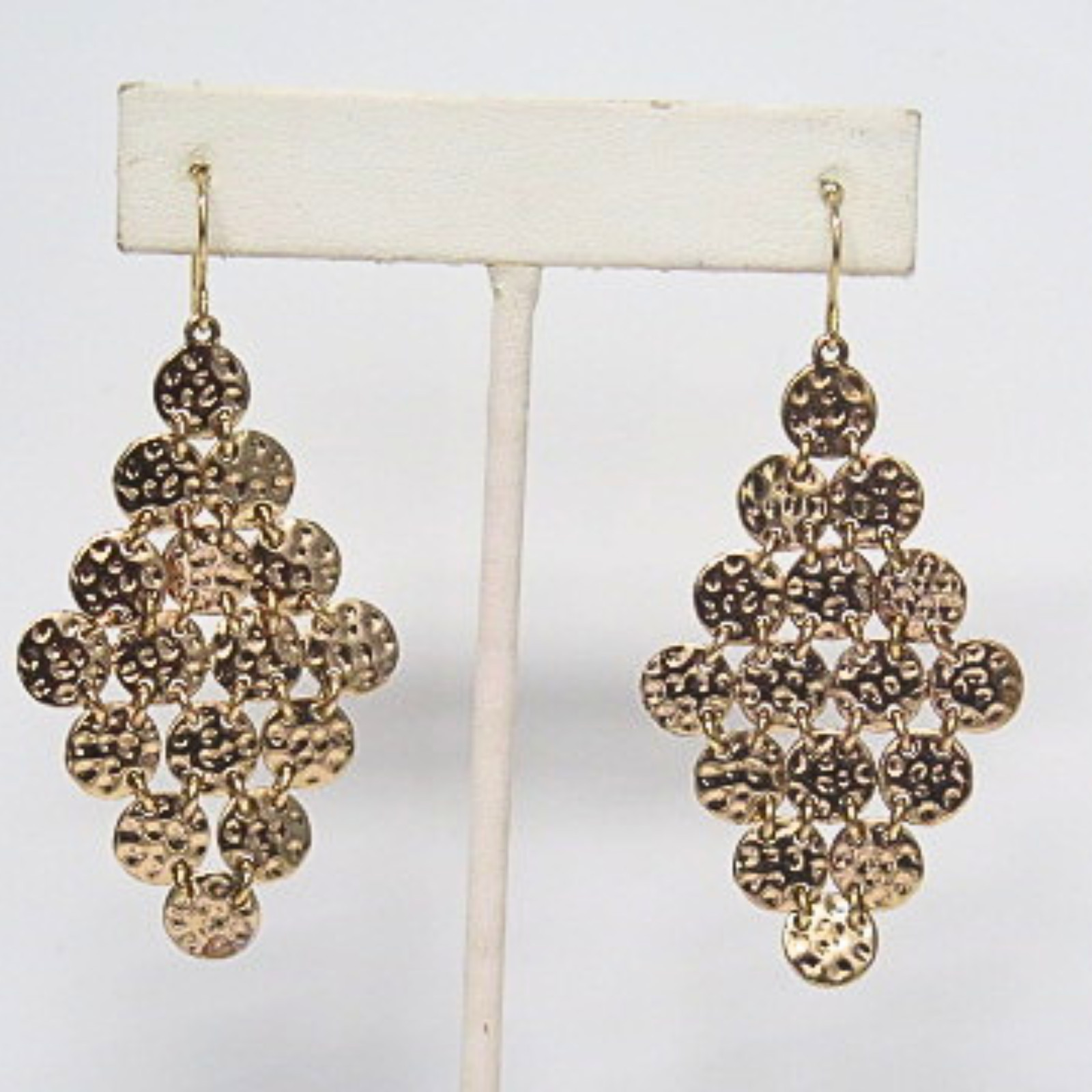 Gold Tone Hammered Disc Chandelier Dangle Earrings Fish Hook Boho Statement
