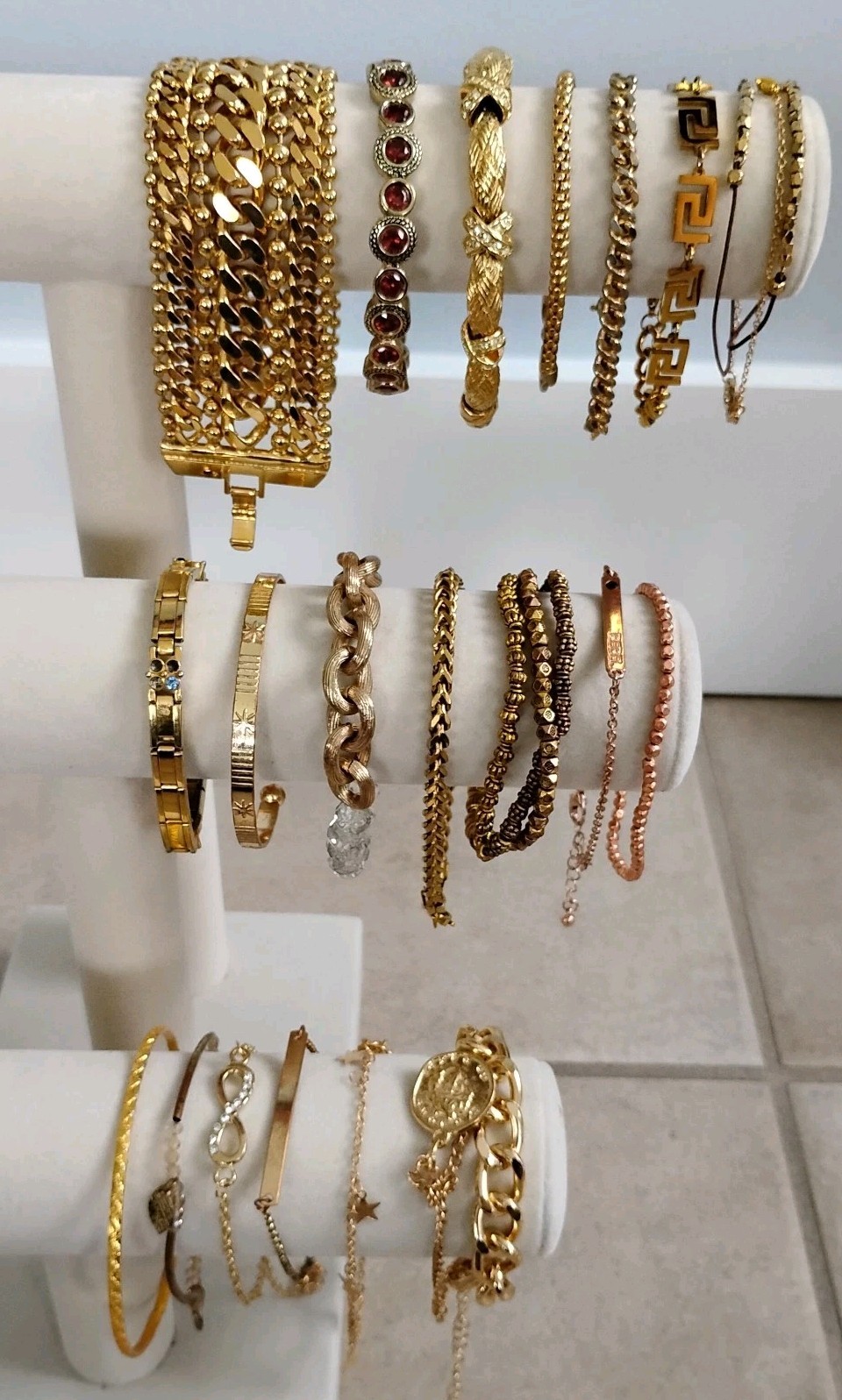 Vintage Lot Of 22 Goldtone Metal Bracelets Quality Greek Key Crystal Coin Chain