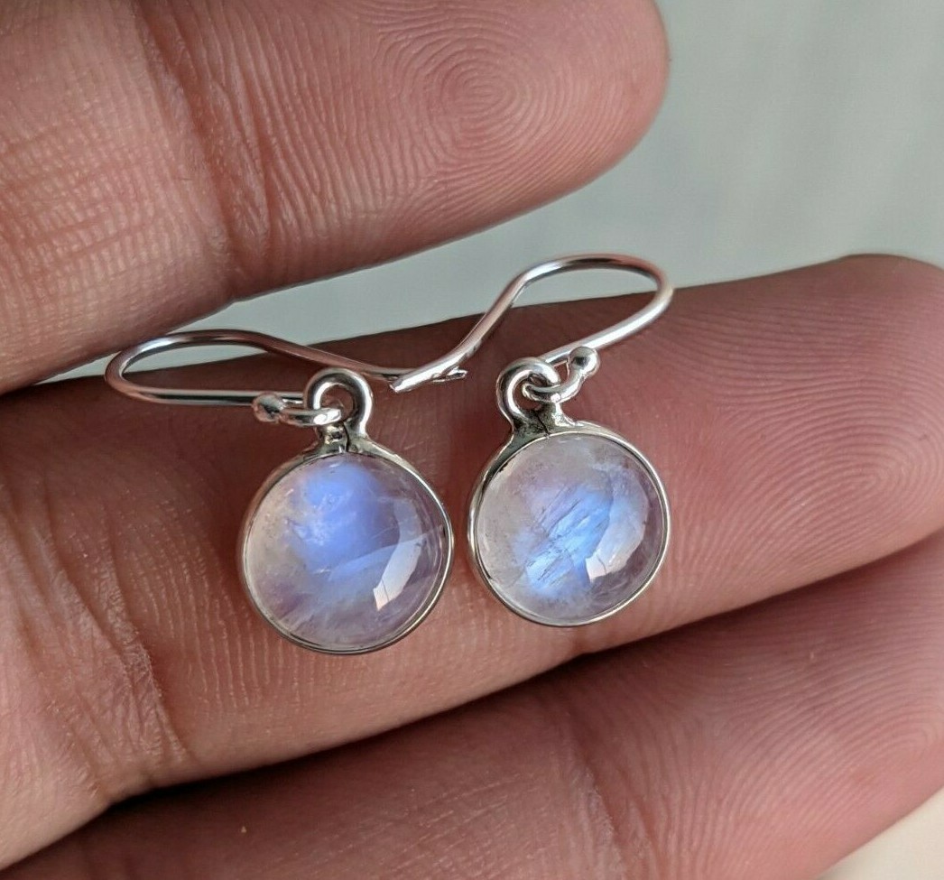 Blue Fire Rainbow Moonstone Round Cabochon 925 Sterling Silver Handmade Earrings