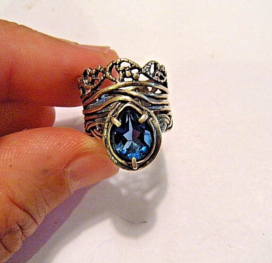 Aquamarine Tear Drop PZ Paz Creations Sterling Silver Brutalist Israel Ring 5.5