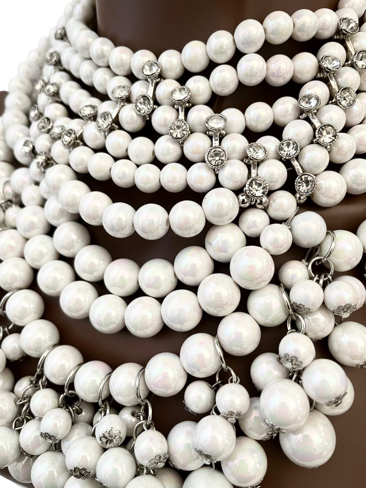 White Beads Clear Crystal Statement Burlesque Inspired Bib Necklace Earrings Set