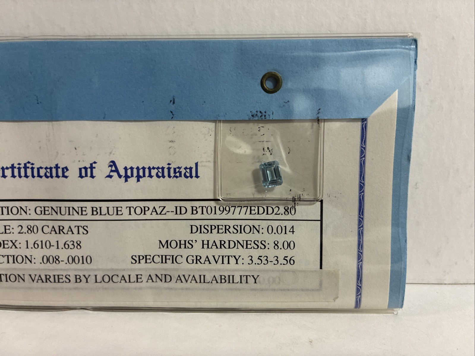Genuine Blue Topaz 2.80 Carats w Certificate of Appraisal Included