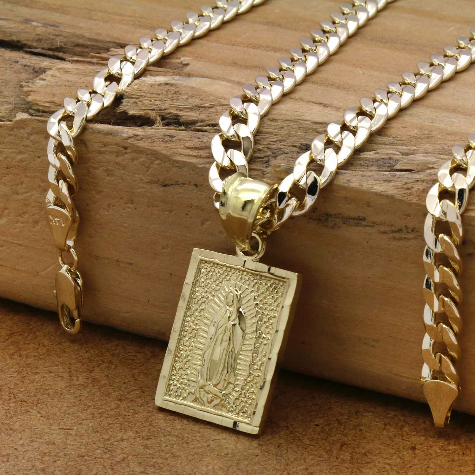 Mens 18k Gold Plated Brass Guadalupe Pendant 6mm 24″ Cuban Chain