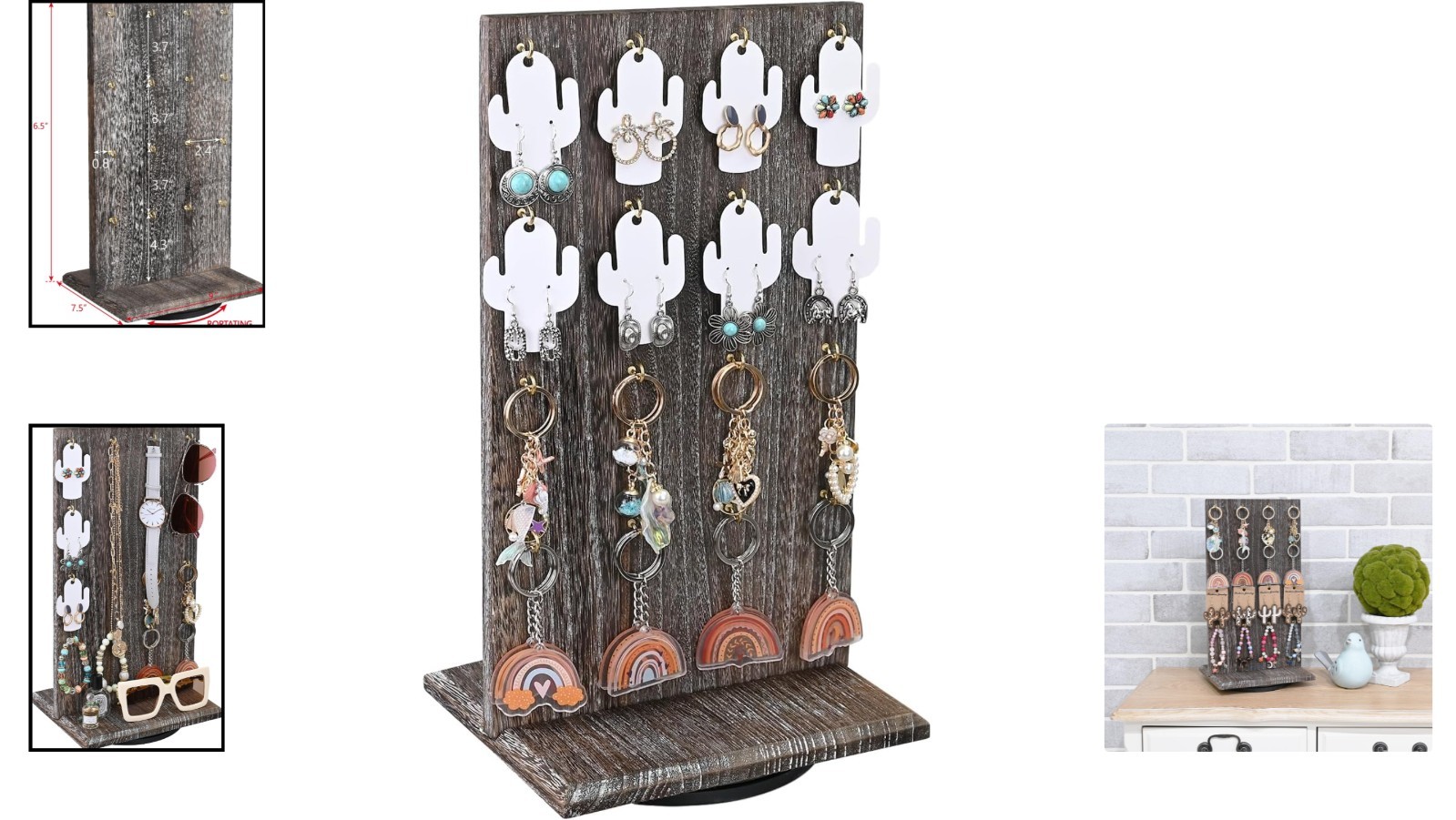 Elegant Wood Rotating Two-Sided Jewelry Display with 32 Hooks in Coffee Finish