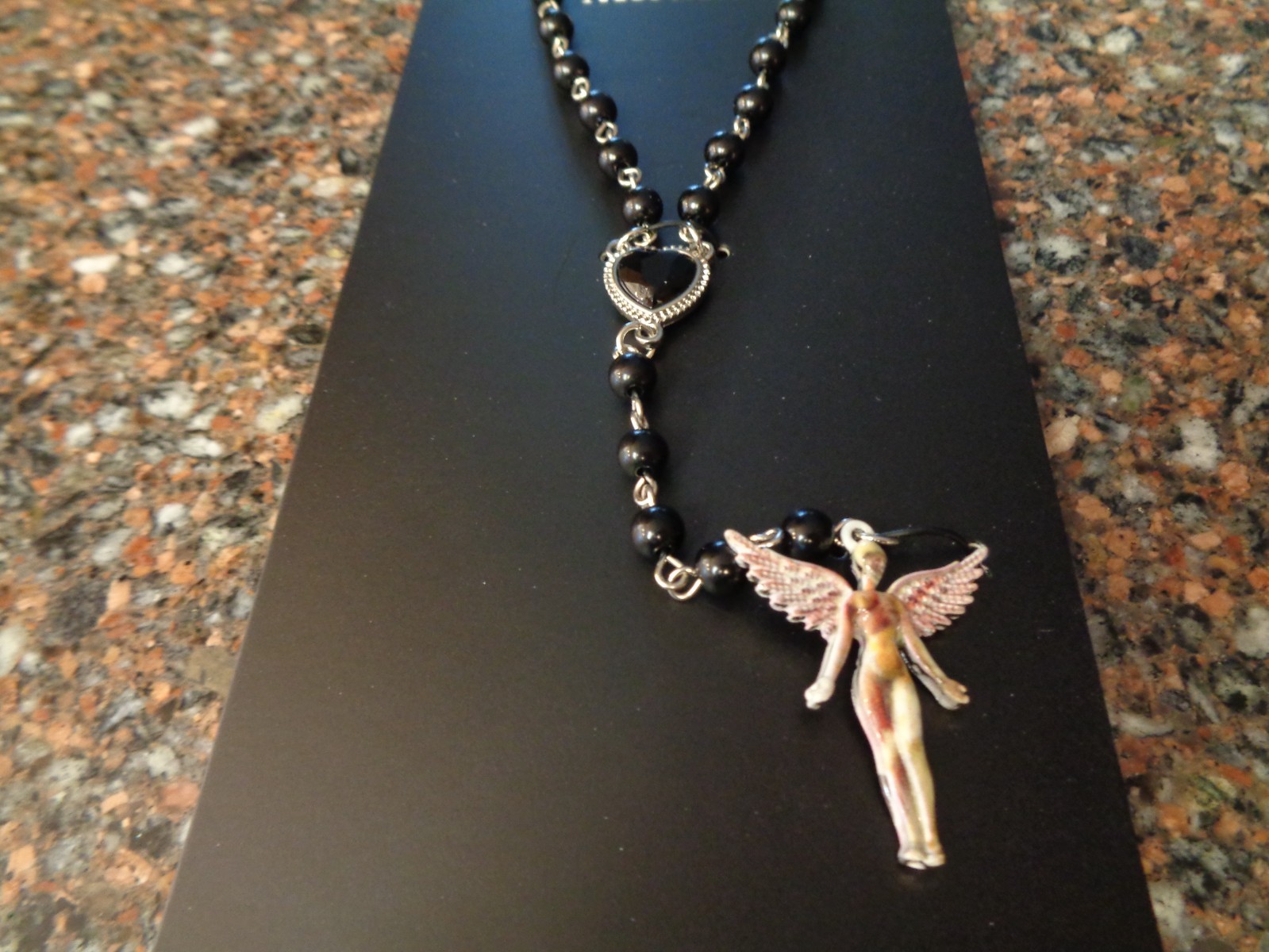 Nirvana In Utero Angel Rosary Necklace Black Bead Pendant Heart Cobain Brand New