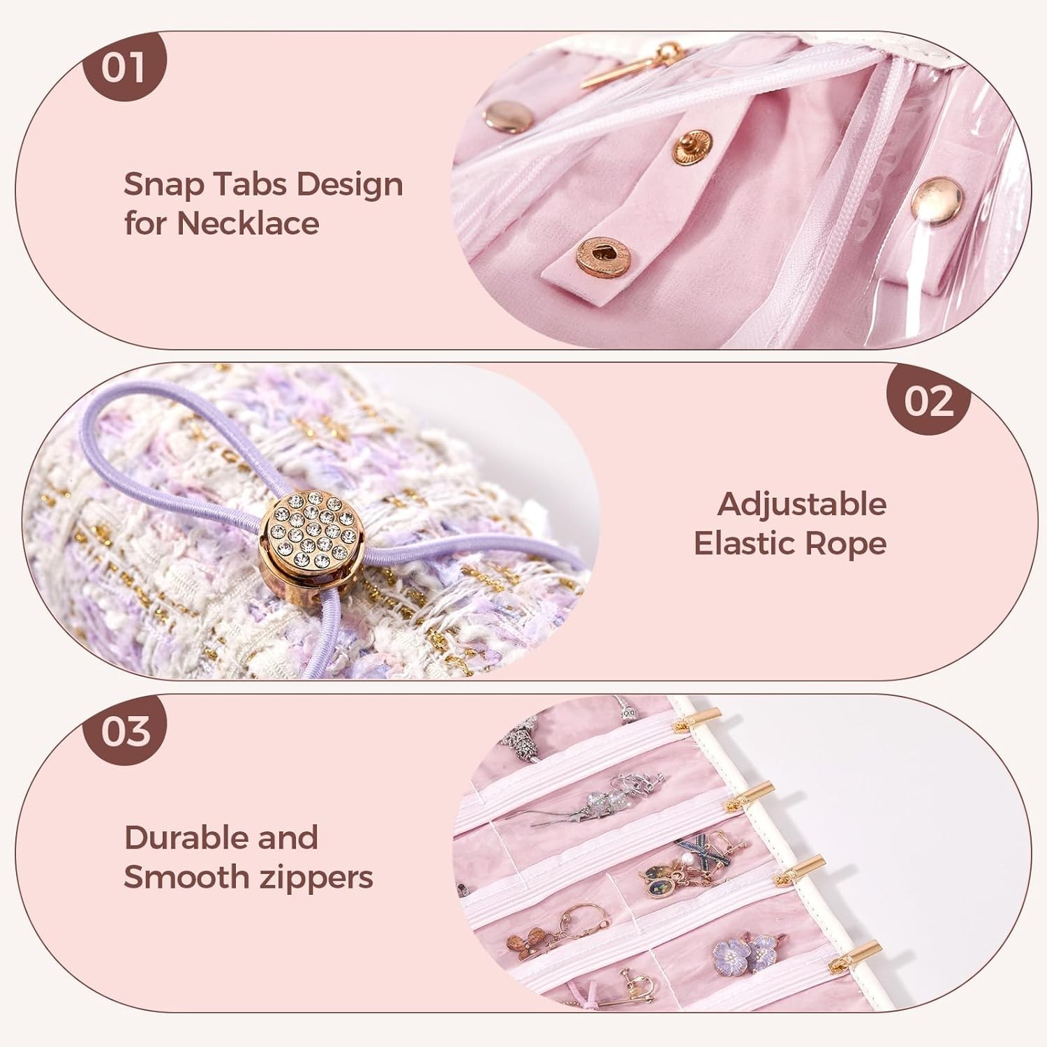 Travel Jewelry Organizer Roll W/ Zippered Pockets Hangable Tangle-Free Portable