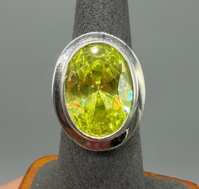 Sterling Silver Large Lime Green Yellow Faceted Crystal Statement Ring Sz 5.75