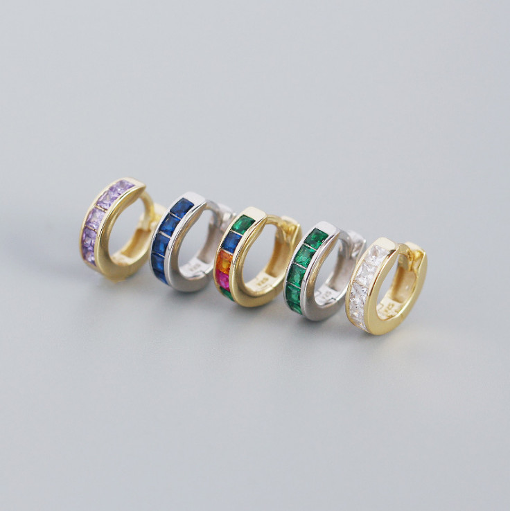 2Pcs 925 Silver Gold Plated Small Round Huggie Hoop Earrings Square CZ 12mm E19