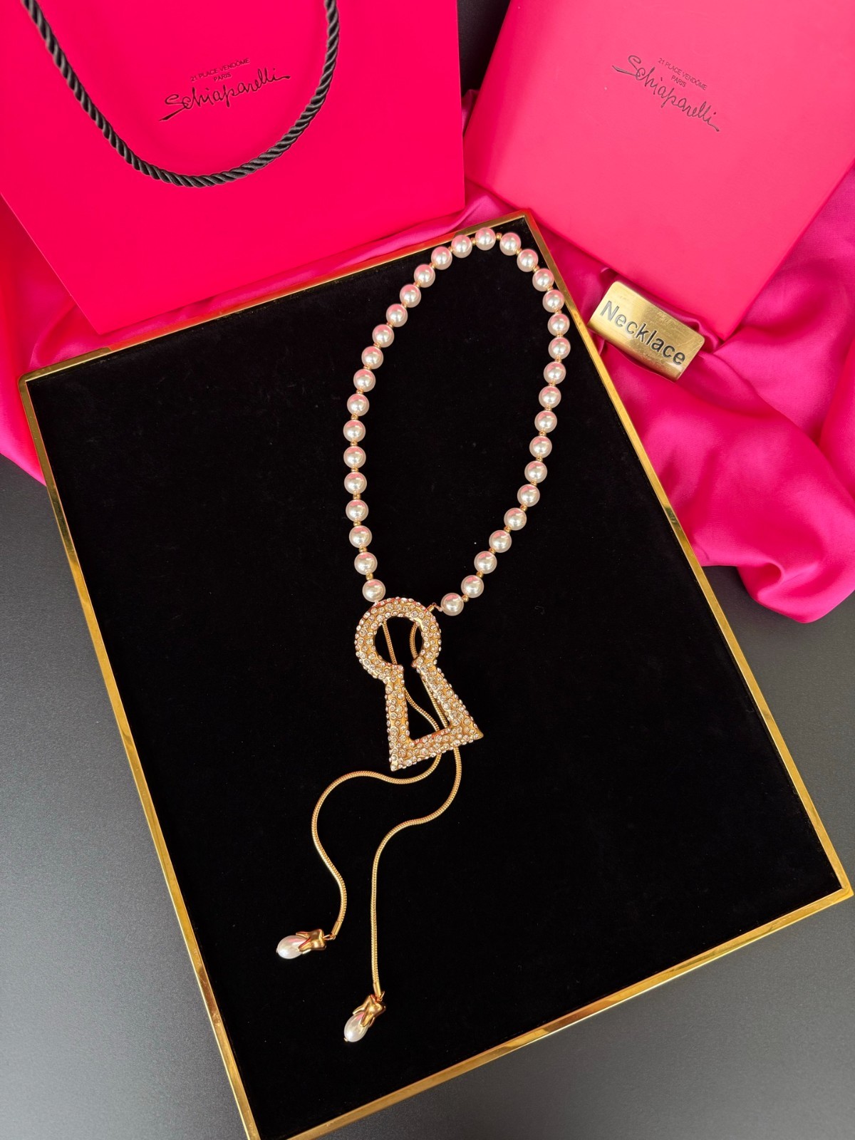Pearl Keyhole Necklace. With Box and Dust Bag.