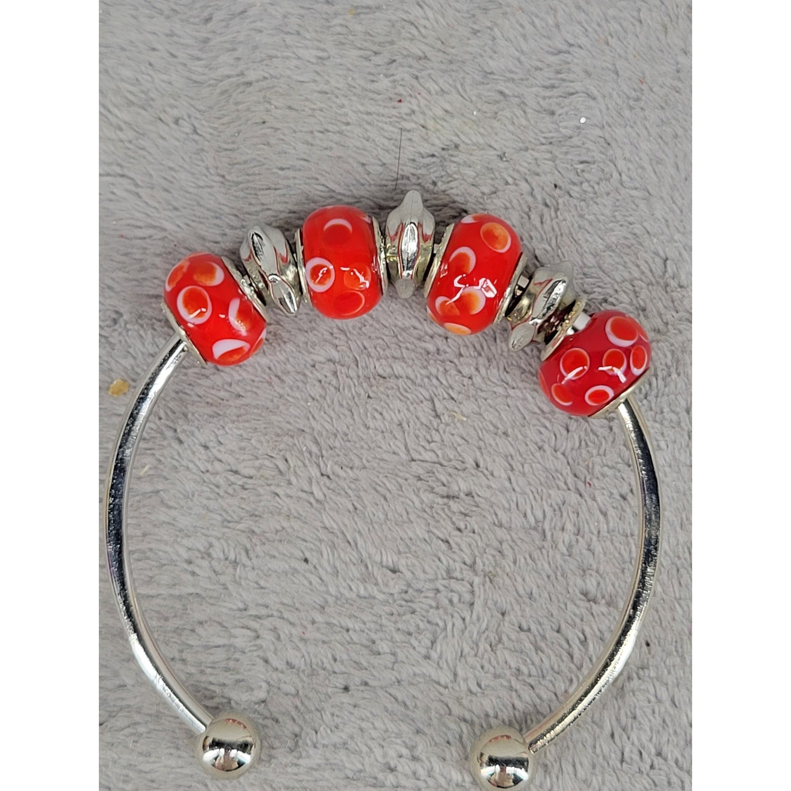Silver Tone Cuff Bracelet Red Glass Beads Patterned Charm Bangle