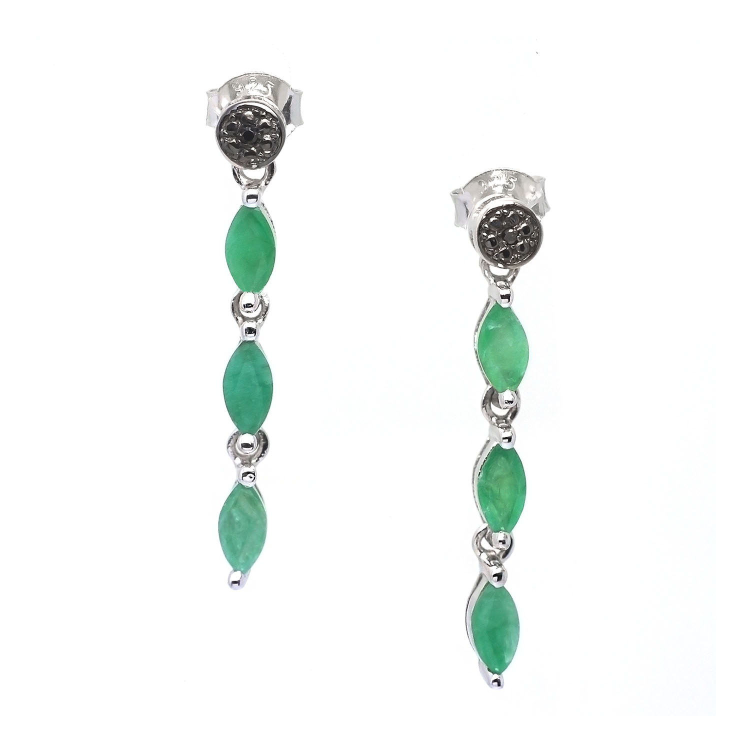 De Buman 925 Silver 1.52ctw Natural Emerald & Black Diamond Noble Lady Earrings