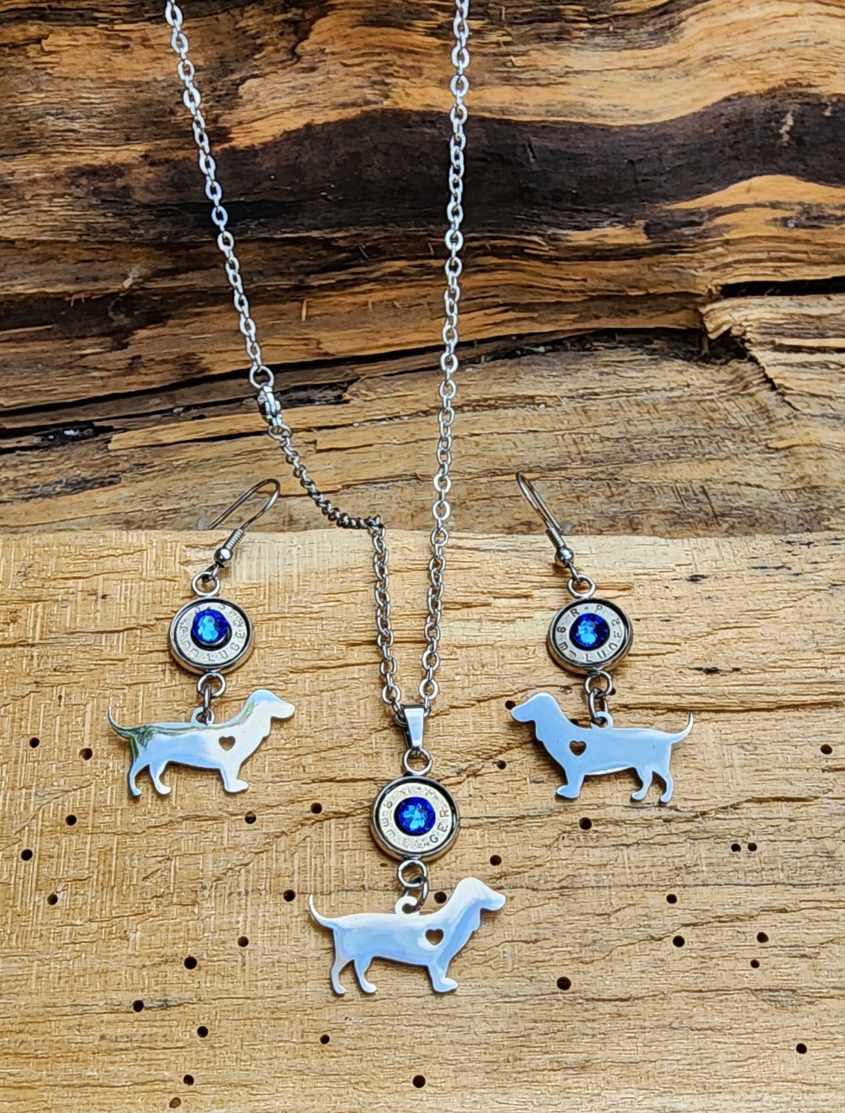 Stainless Dachshund Dog Bullet Necklace and Earrings. Optional Crystals.