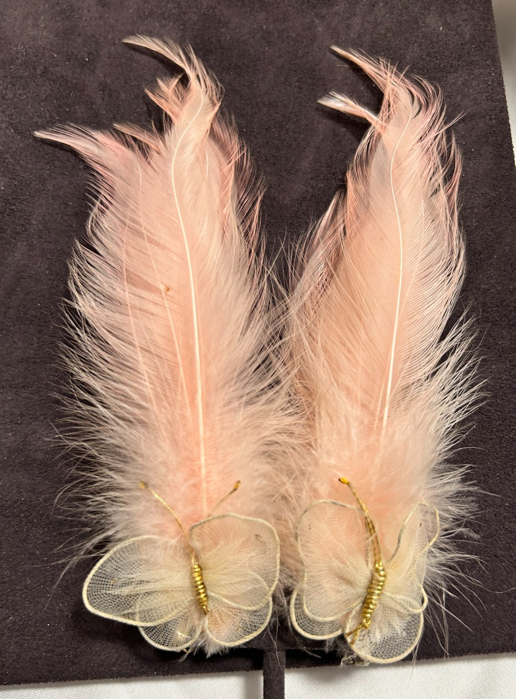 Vintage 1950’s Real Feather Butterfly Pink Special Occasion Earrings Clip-On 6″