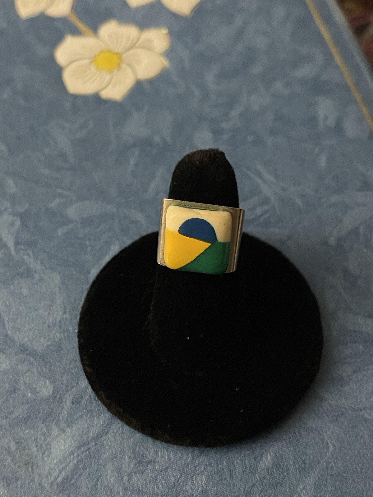 MCM Vintage Metal And Enamel Art Deco Ring With Square Band Size 4.5 Unique
