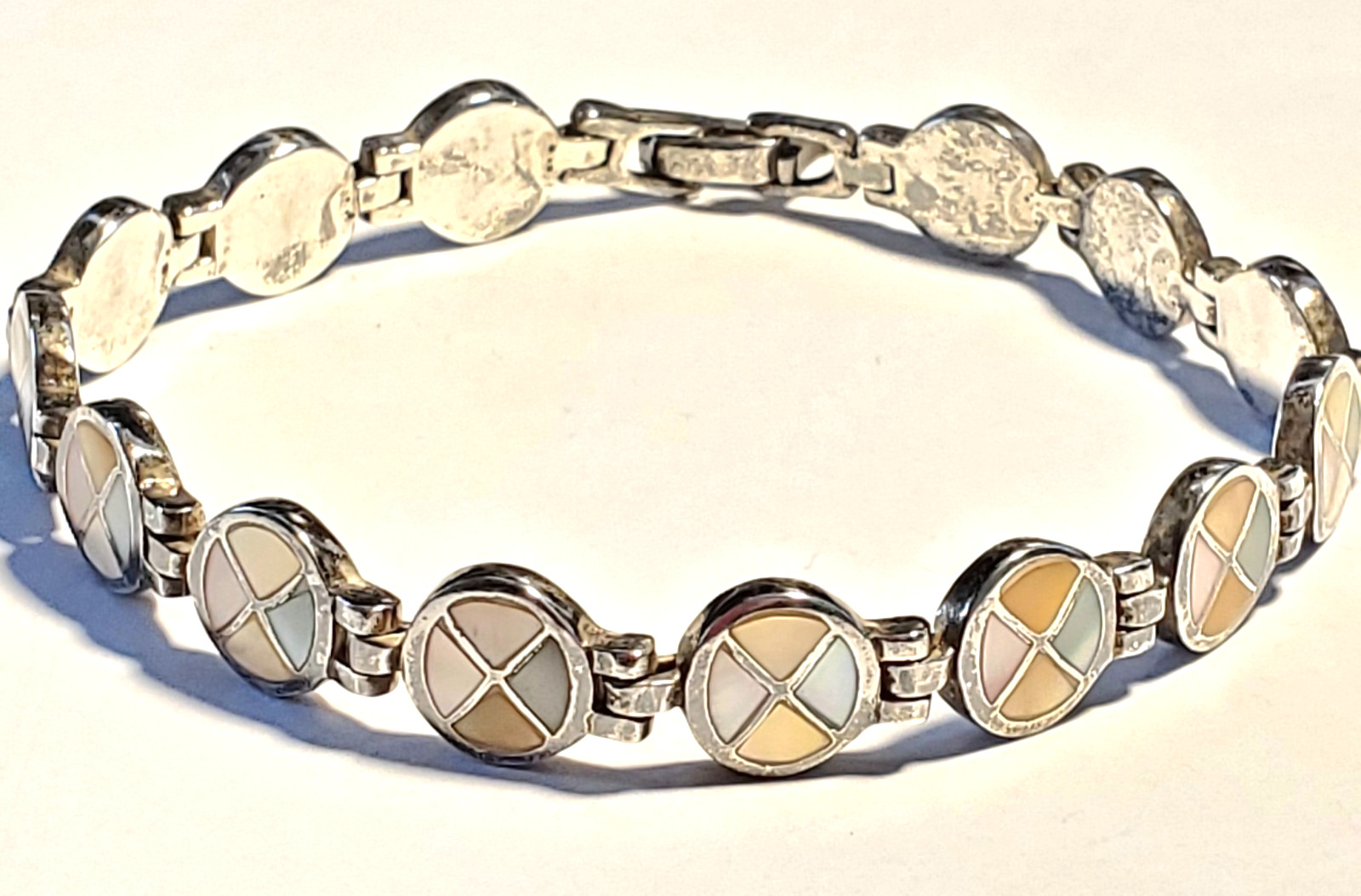 Vintage Bracelet, Sterling Silver & Shell, Artisan Made, 8 Inches Long