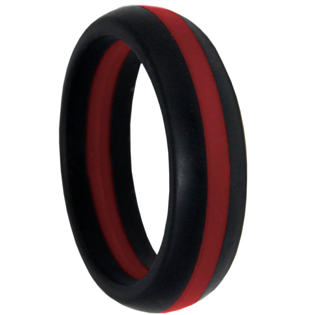 5.5 MM Thin Red Line Black Dome Silicone Wedding Ring Sizes 5 6 7 8 9 10