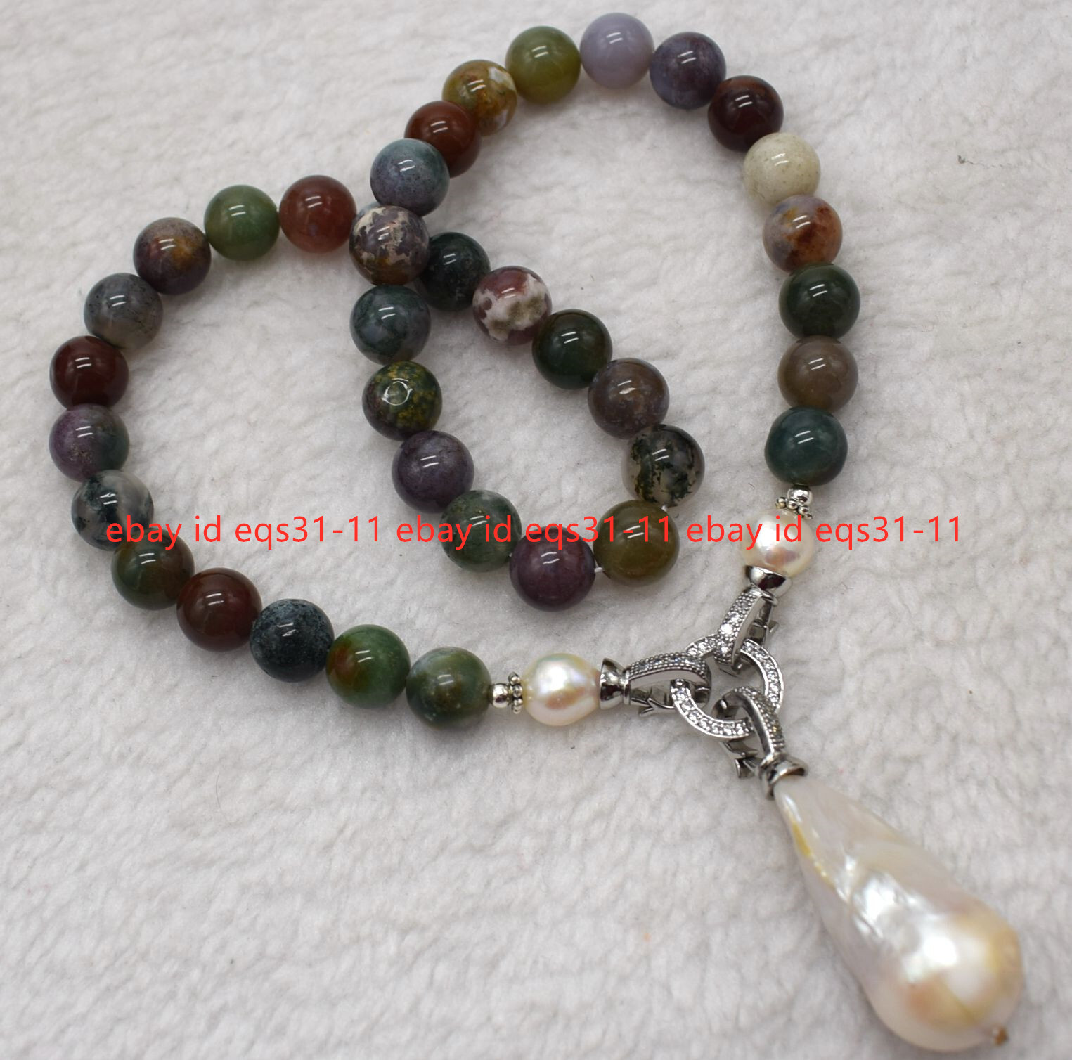 Natural Multicolor India Agate Gems & White Keshi Baroque Pearl Pendant Necklace