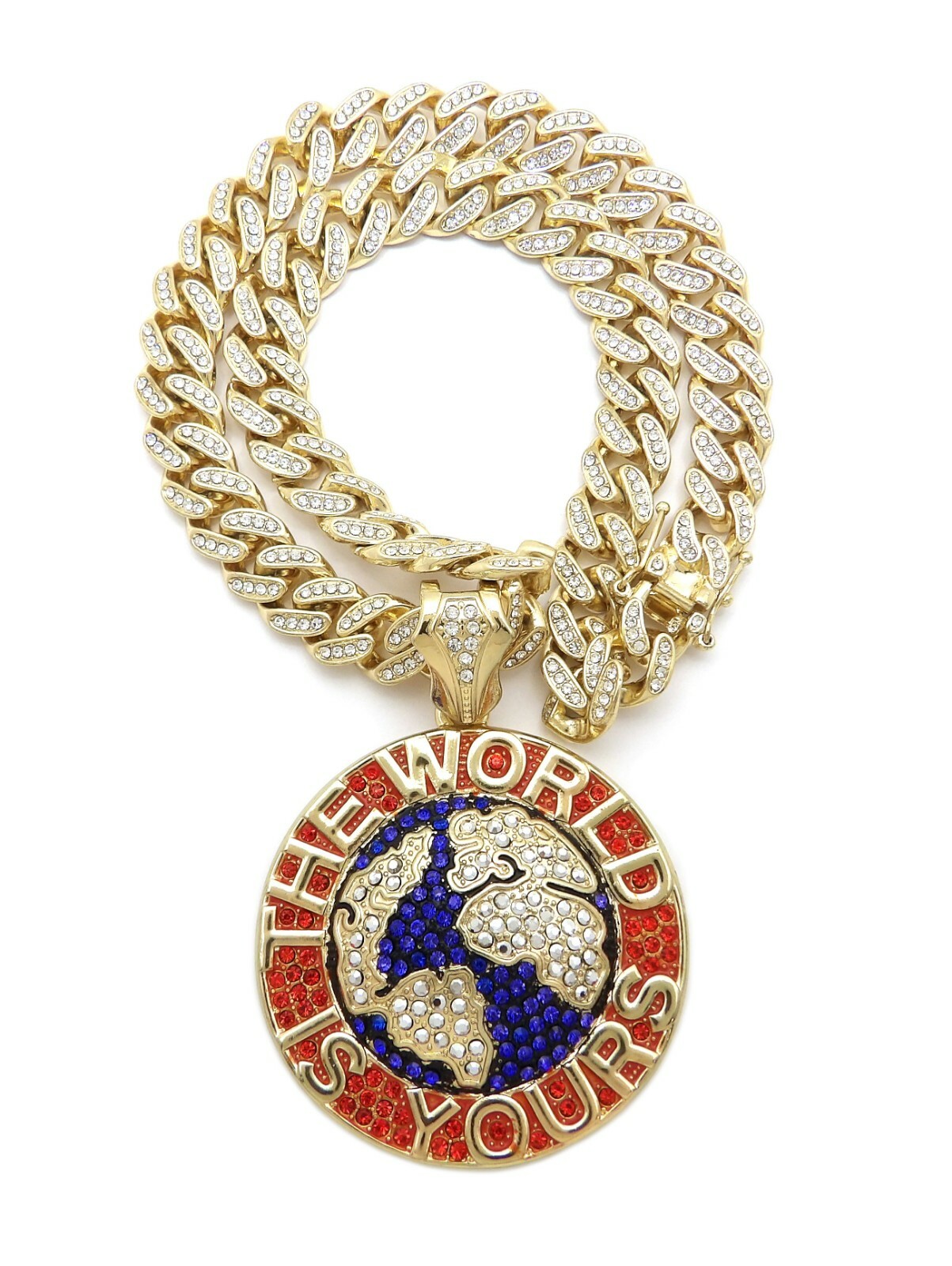 ICE BLING WORLD IS YOURS PIECE WITH 12mm 24″ BOX LOCK MIAMI CUBAN CHAIN