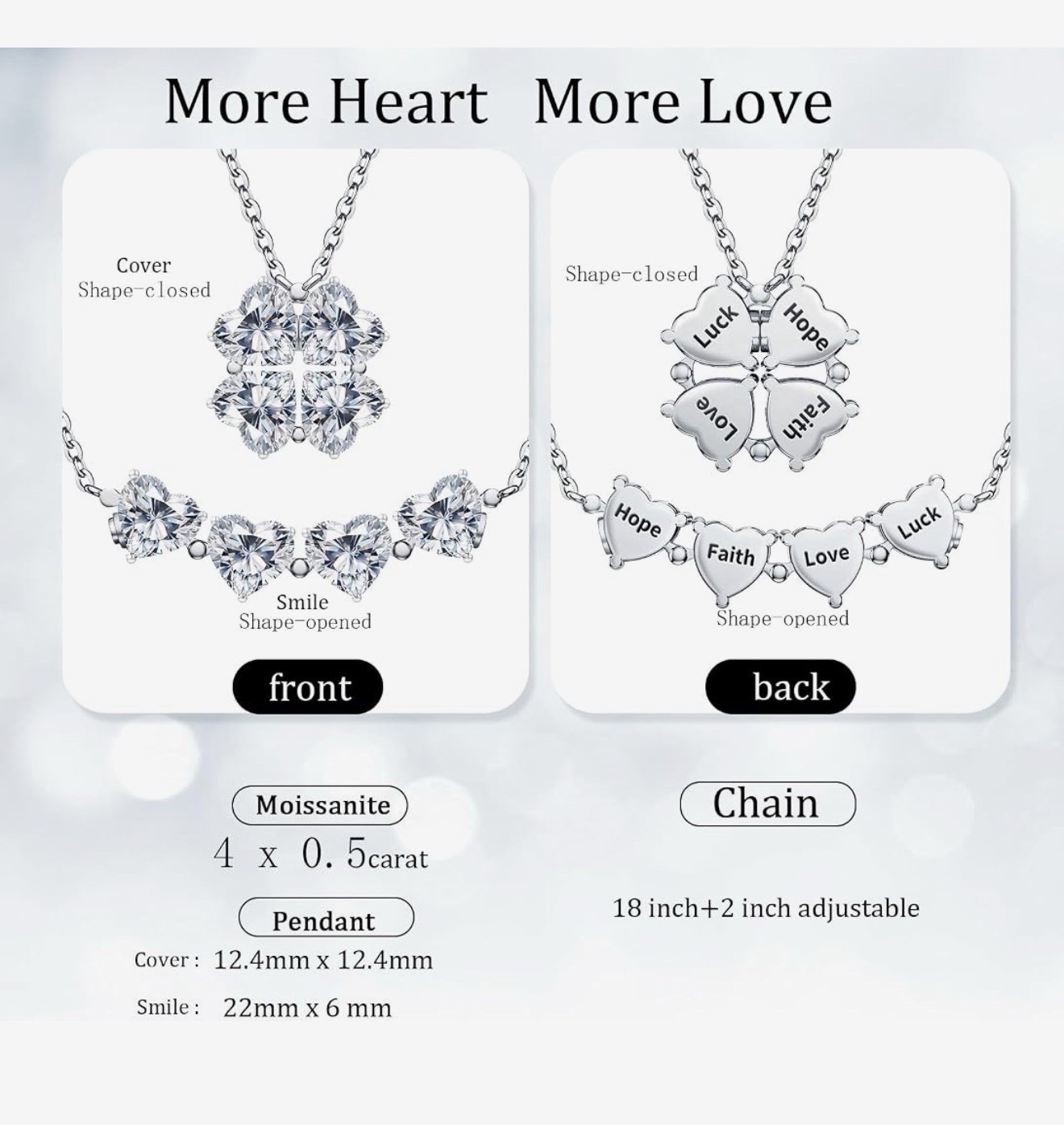 FULLOVE Moissanite Heart Clover Pendant Necklace 925 Silver 18+2″ Adjustable