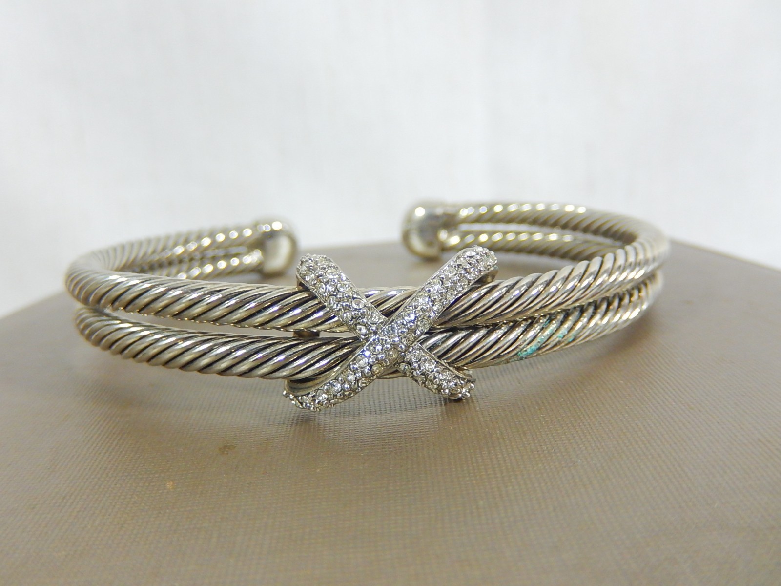 VTG CABLE 2 ROW SILVER CRYSTAL CUFF BRACELET LARGE 7.75″ SIZE