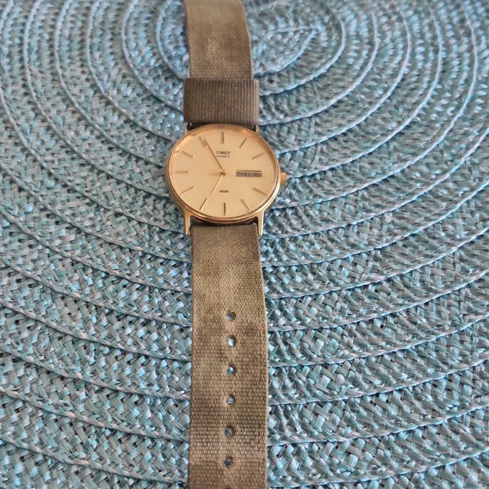 Timex Quartz Day-Date Analog Watch Gold Tone Round Gold Dial Green Nylon Strap
