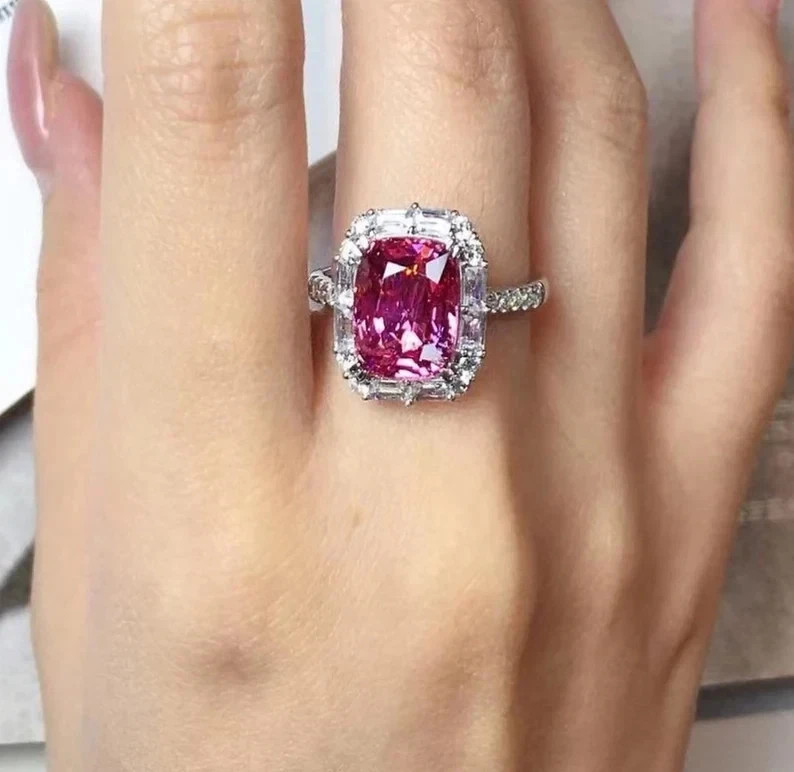 6.50Ct Cushion Cut Natural Pink Sapphire & Solid 14K White Gold Engagement Ring