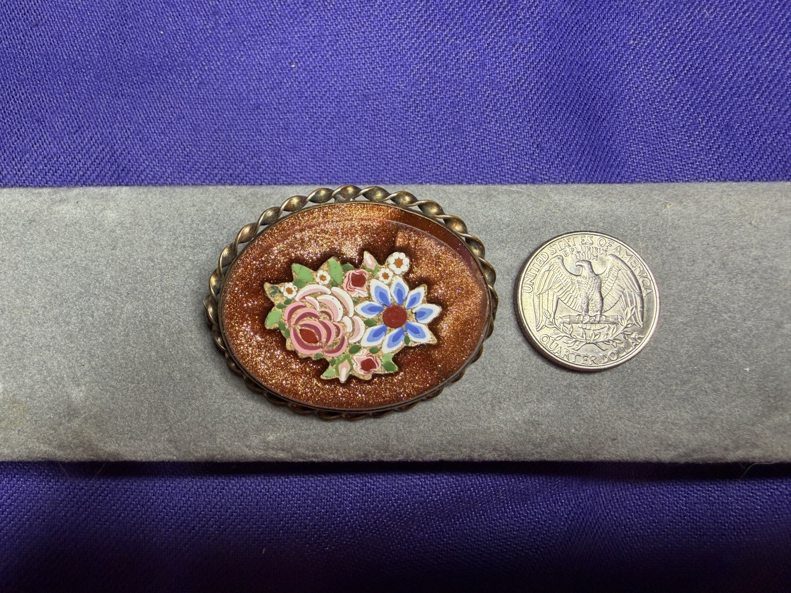 Vintage Italian Pietra Dura Micro Mosaic Floral Brooch Pin Goldstone Setting