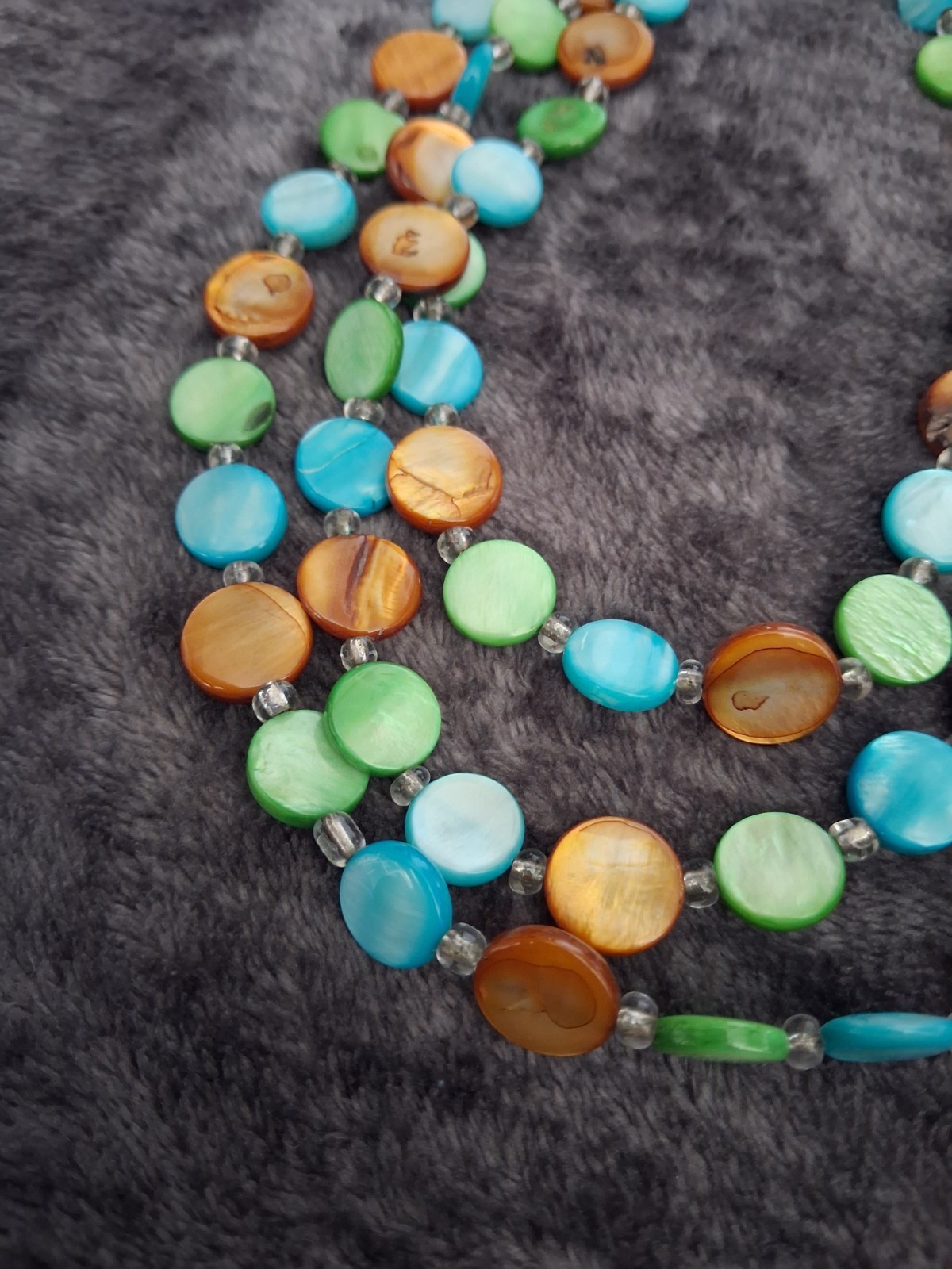 3 strand Multicolor Beaded Necklace, Adjustable Lobster Clasp Green, Brown, Blue
