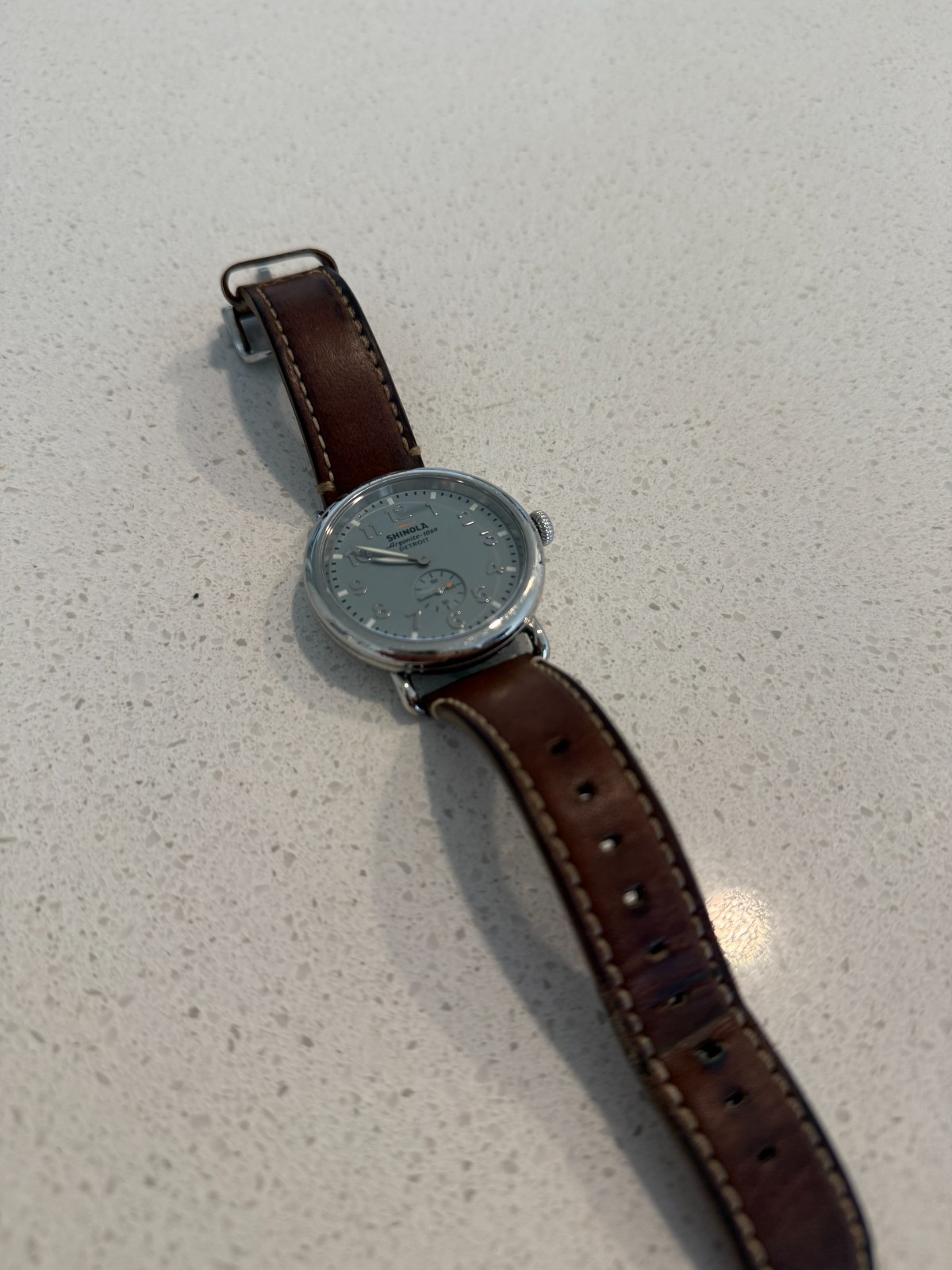 Shinola Runwell Argonite 1069 Quartz Unisex Slate Blue/Brown Leather Watch 41mm