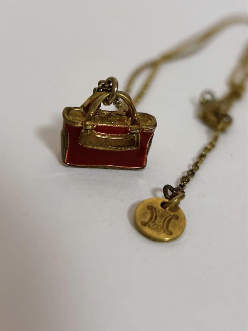 CELINE Necklace Handbag Motif Pendant Enamel Red Gold Length: 20.5 in.Vintage