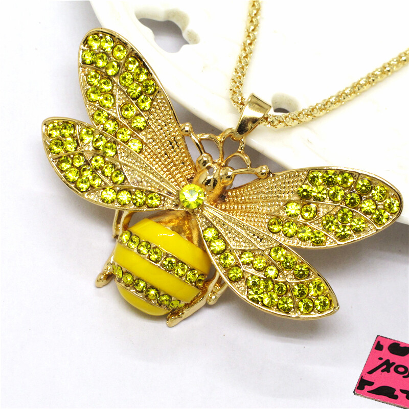 Fashion Yellow Rhinestone Honey Insect Crystal Pendant Sweater Chain Necklace