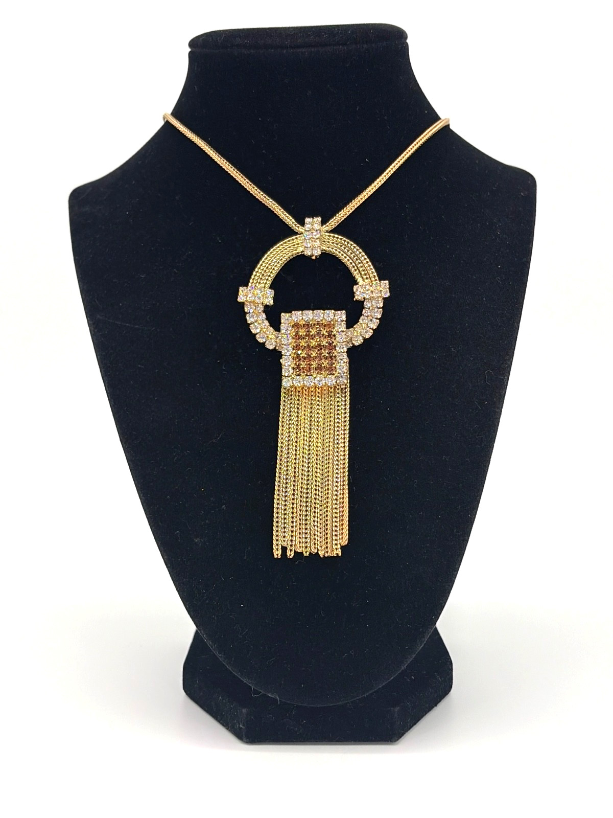 Signed HOBE Art Deco Necklace Goldtone w/Clear & Topaz-Colored Rhinestones