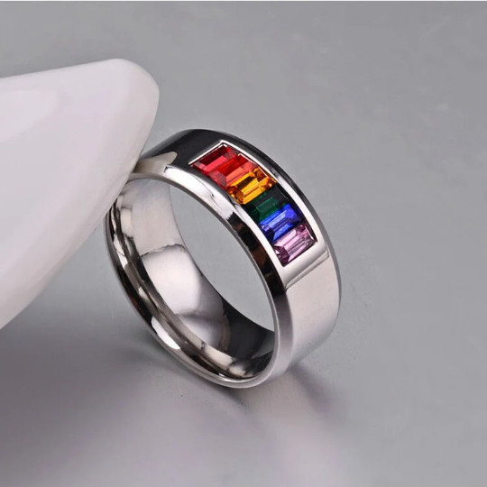 Rainbow LGBTQ Pride Colored Gem Band Ring in Stainless Steel