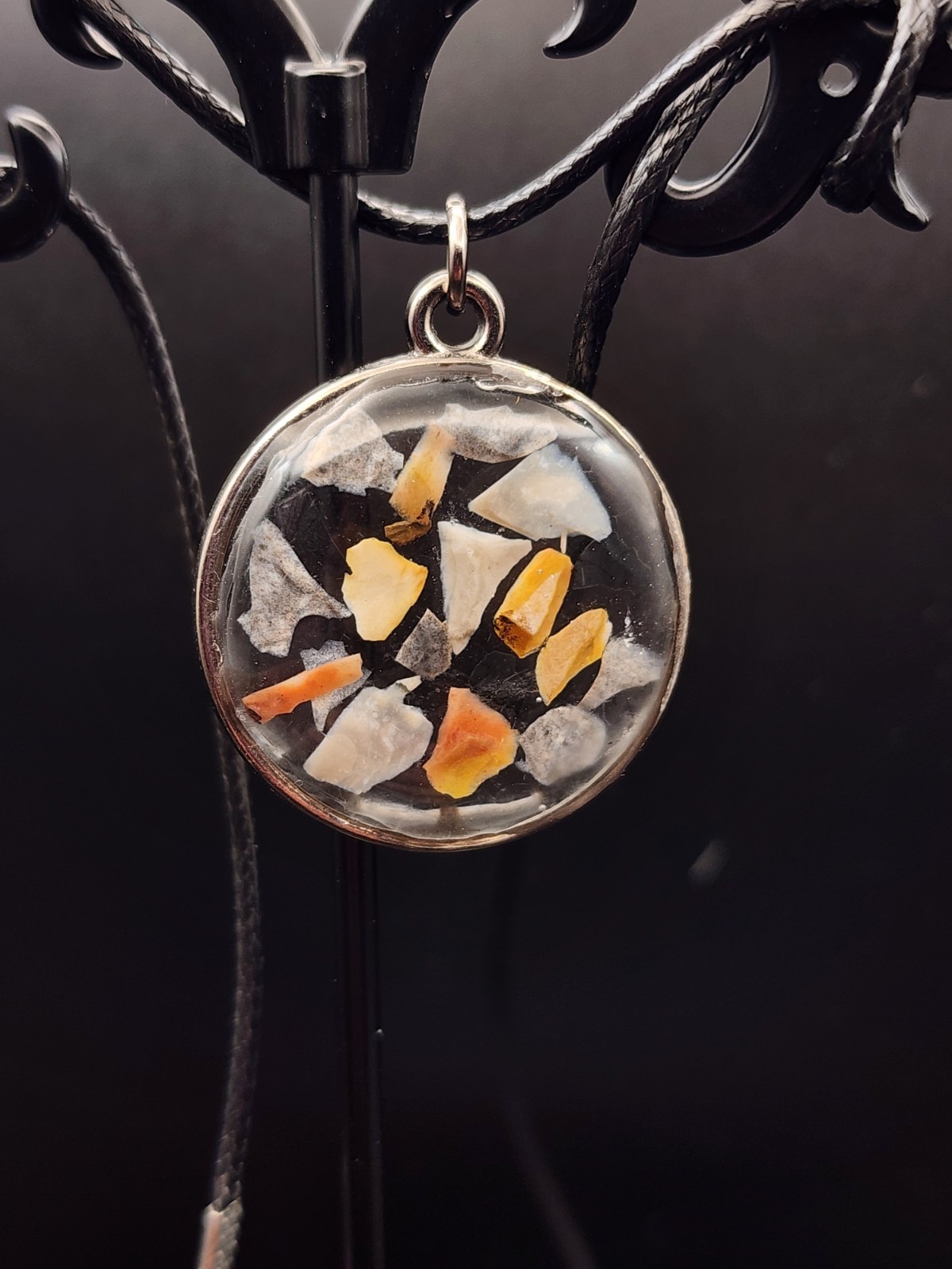 Handcrafted Rock Chips In Resin Pendant On A 22 In. Silk Rope Necklace