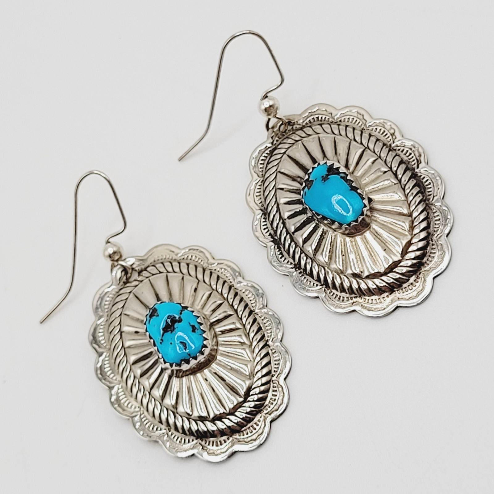 Southwestern Style Silver Tone Turquoise Concho Dangle Pierced Hook Earrings