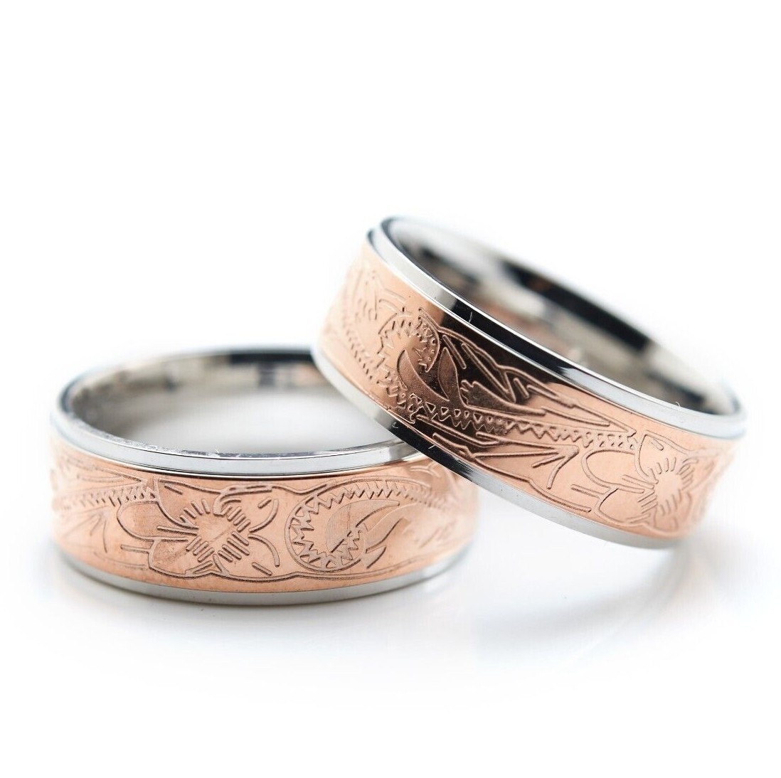 Hawaiian Stainless Steel Ring | Pink/Rose Plumeria Scroll Band Comfort Fit 316L