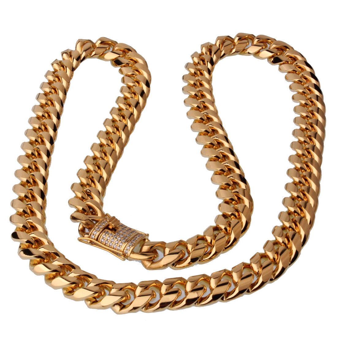 14 mm30in Men Cuban Miami Link Bracelet Chain Set 14k Gold Plated StainlessSteel