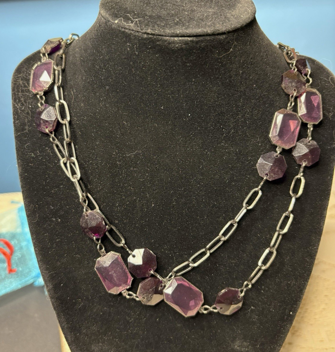 Layered Oval Link Chain Necklace Purple Hexagon Beads Silver Tone Statement