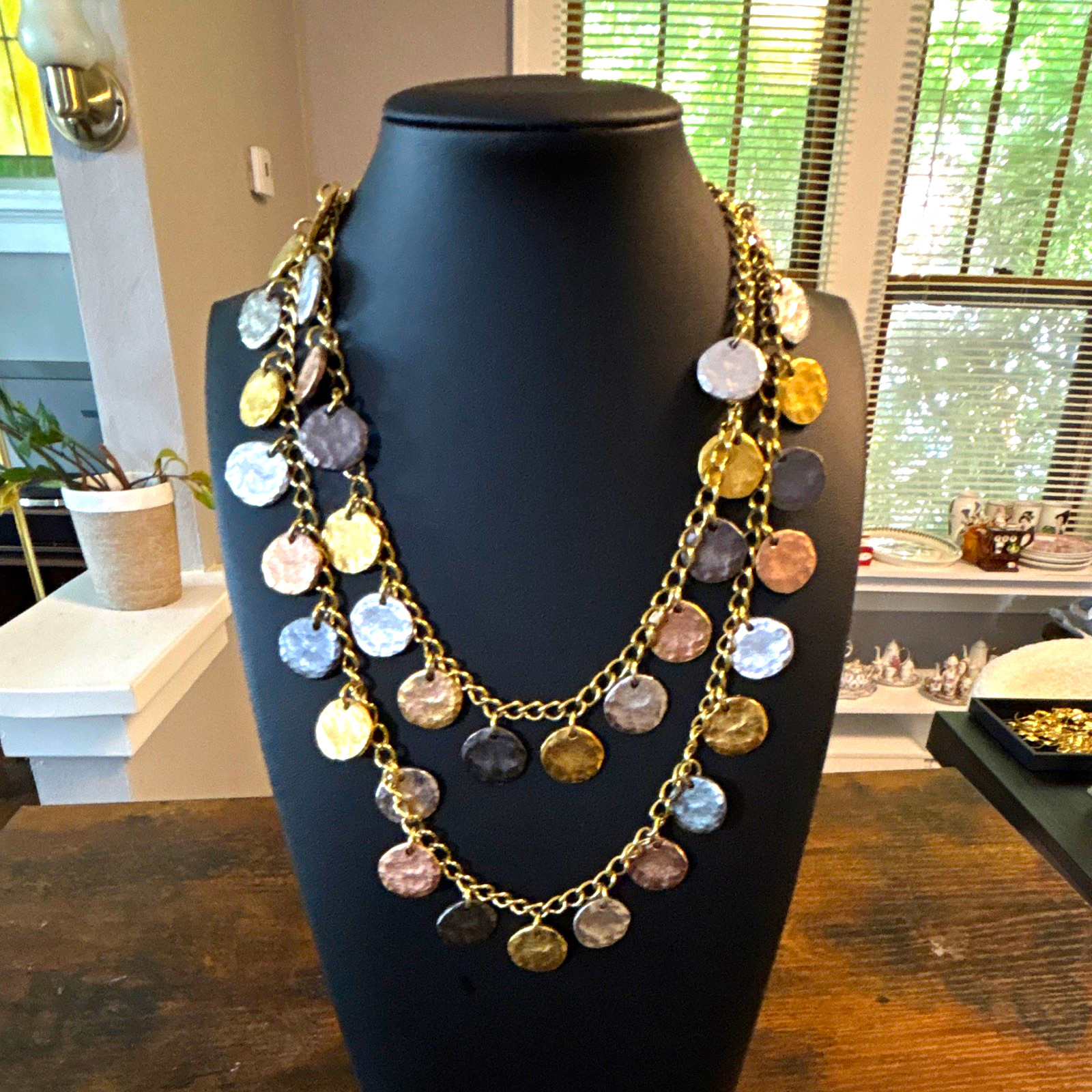 KJL Signed Multicolor Layered Cable Chain Coin Disc Charm Necklace Hook (35 in)