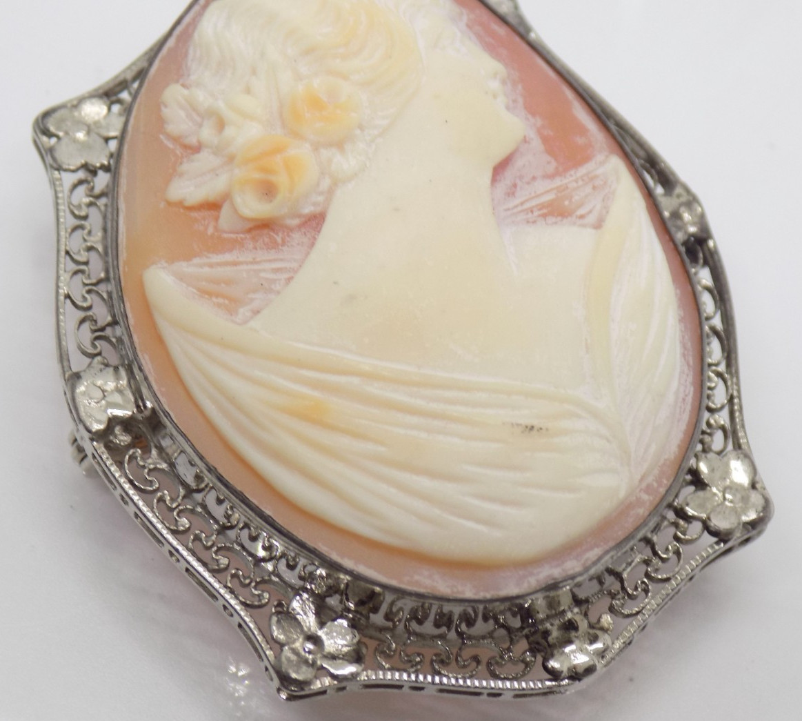 Antique 800 Silver Cameo Carved Maiden Filigree Floral Brooch Pin Pendant
