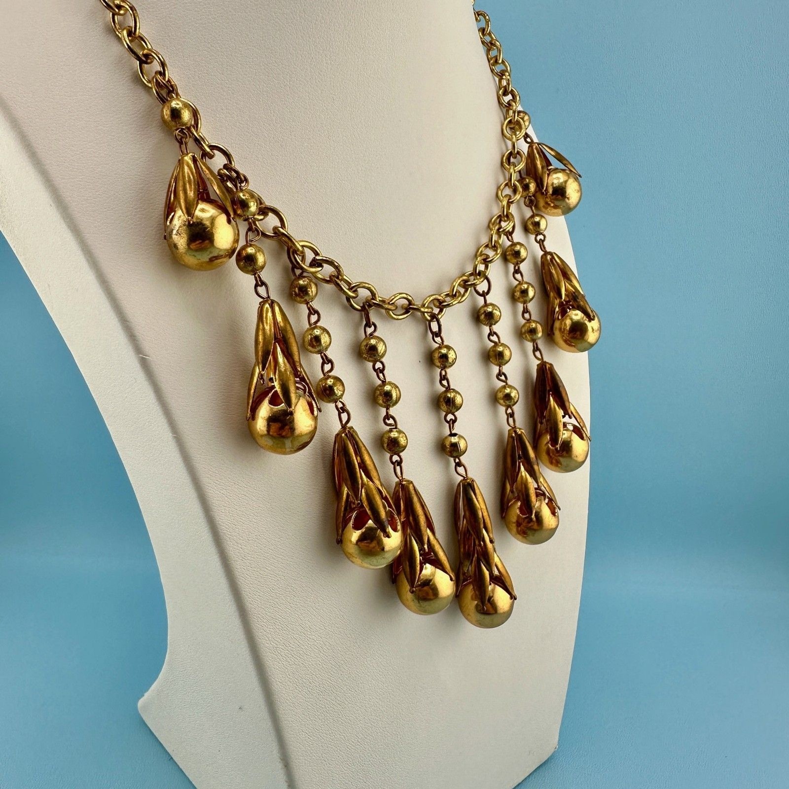 Vintage Art Deco Necklace Fringe Chain Gold Tone Etruscan Revival Statement