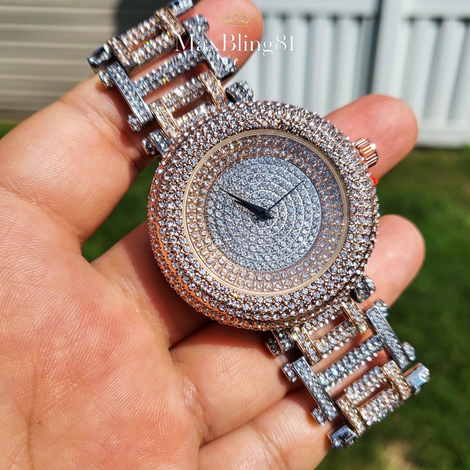 Men’s Hip Hop Iced Rose Gold / Silver Tone Bling Fashion Metal Band Watch Luxury