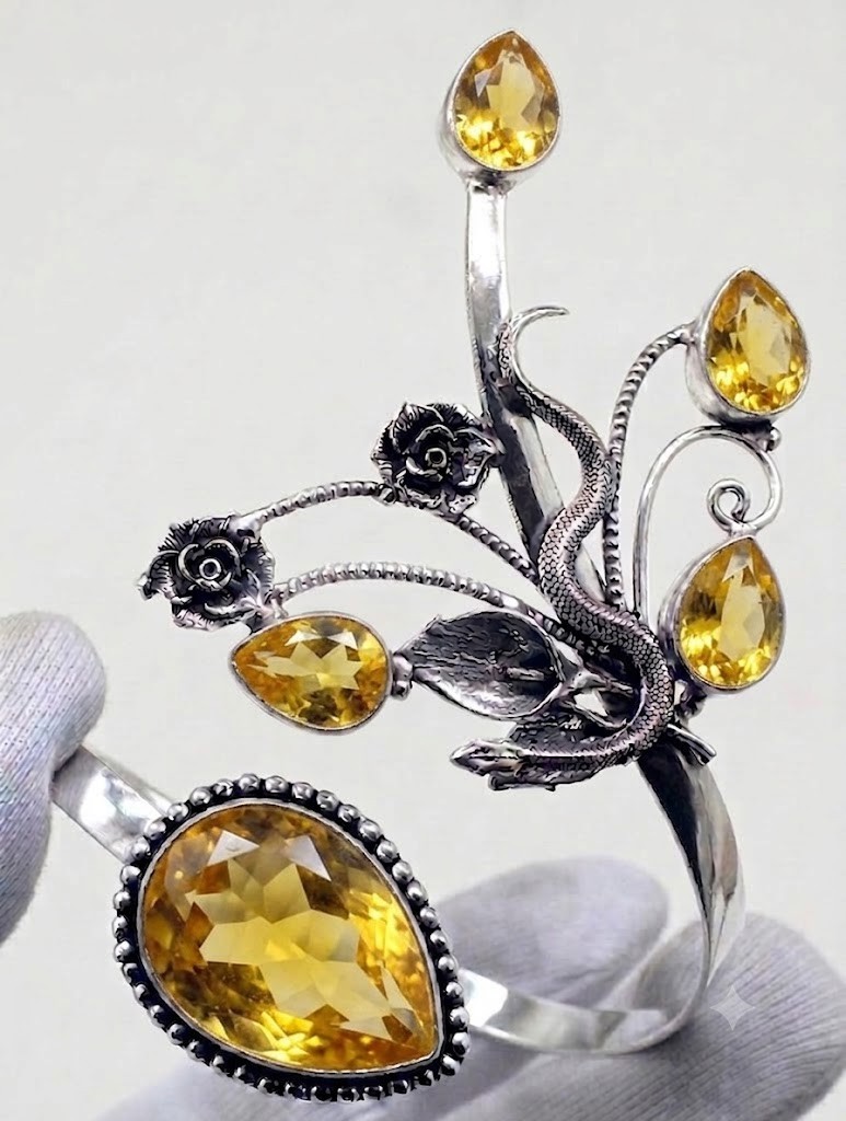 925 Sterling Silver Yellow Citrine Gemstone Jewelry Statement Cuff Bracelet ADJ
