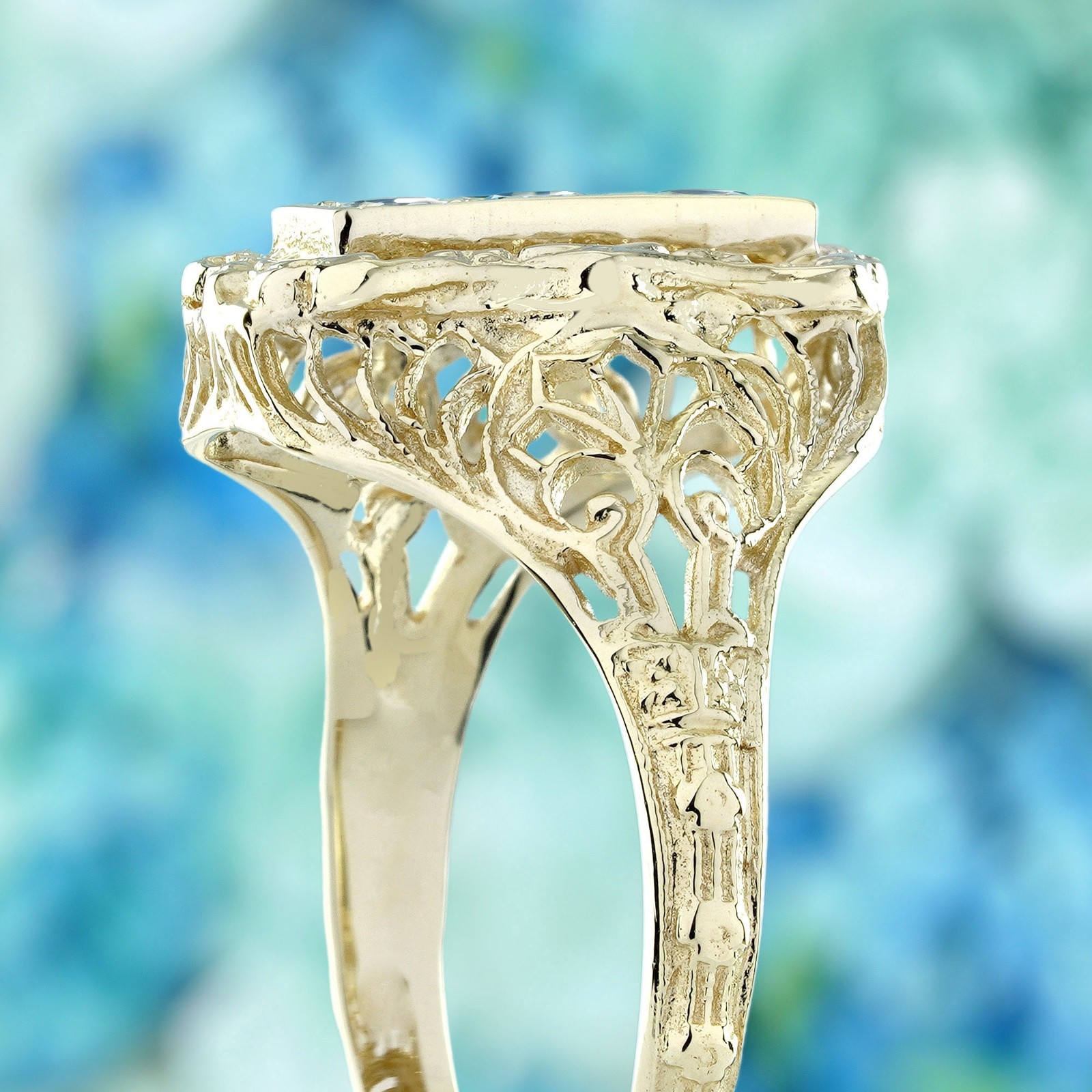 9K Yellow Gold Solid Natural Blue Topaz Vintage Style Three Stone Filigree Ring