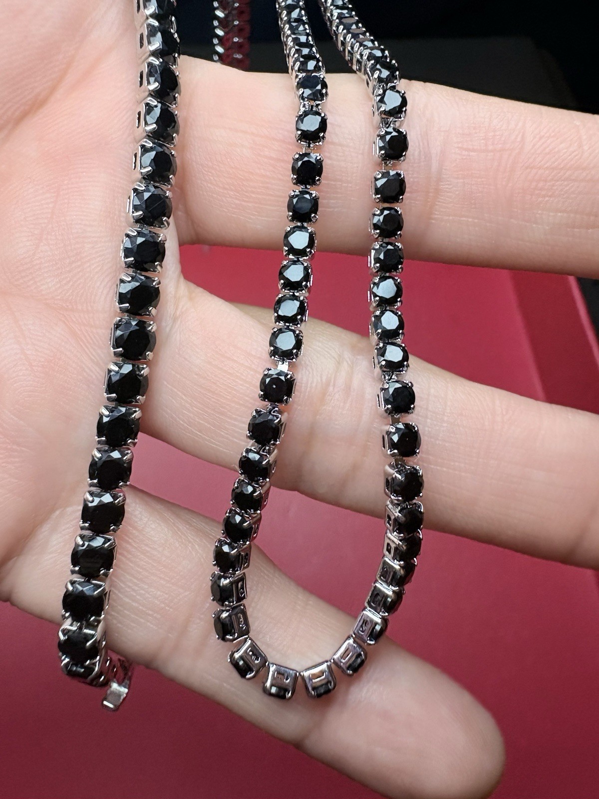 Silver-Tone Black Round Crystal Tennis Chain Necklace Prong Set Lobster Clasp